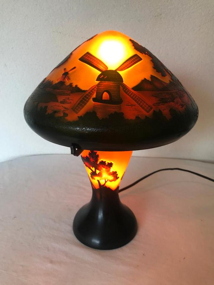 Glazen Schemerlamp Tafellamp Schemer Tafel Lamp Windmolen, Antiek en Kunst, Antiek | Lampen, Ophalen of Verzenden