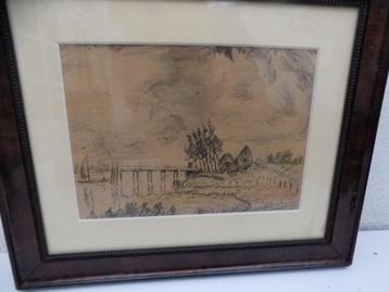  tekening riviergezicht met dijkhuis aanlegsteiger zeilboot beschikbaar voor biedingen