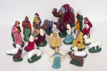 Oude gipsen kerstgroep inclusief 12 schapen / schaapjes beschikbaar voor biedingen