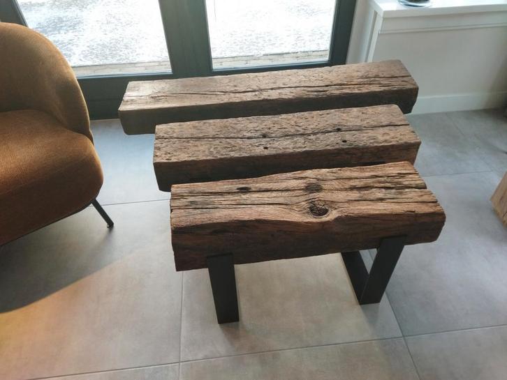 Eiken bielzen bank/tafel, Huis en Inrichting, Banken | Voetenbanken en Poefen, Nieuw, Rechthoekig, Hout, Metaal, Ophalen