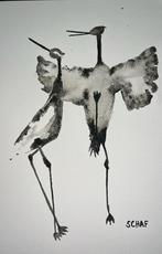 Aquarel kraanvogels abstract, Antiek en Kunst, Ophalen of Verzenden