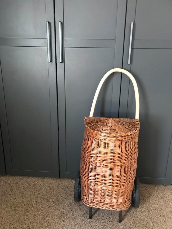 Vintage rieten boodschappentrolley, Sieraden, Tassen en Uiterlijk, Tassen | Reistassen en Weekendtassen, Gebruikt, Bruin, 40 tot 60 cm