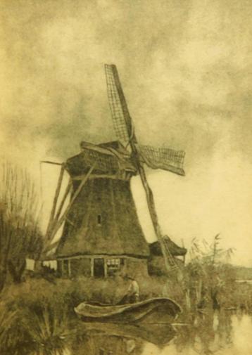 Poldermolen, grondzeiler, achtkantige bovenkruier. Ets beschikbaar voor biedingen