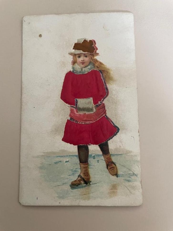 Brocante reclamekaartje met applicatie. Winter / schaatsen, Antiek en Kunst, Curiosa en Brocante, Ophalen