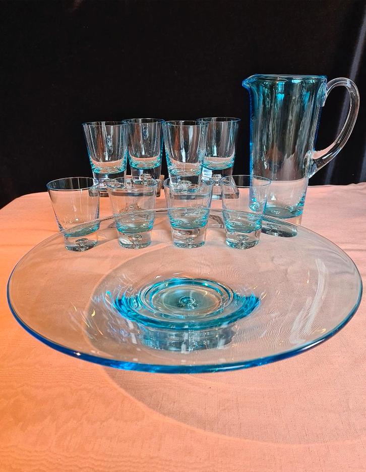 Krosno ijsblauw glas bubble karaf met schaal- ING 2000, Antiek en Kunst, Antiek | Glas en Kristal, Ophalen of Verzenden