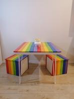 Houten tafel in regenboogkleuren 90*110, Huis en Inrichting, Tafels | Eettafels, 100 tot 150 cm, Nieuw, Rechthoekig, Drie personen