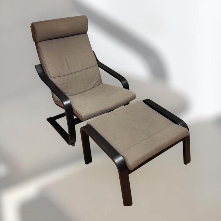 Ikea Poäng fauteuil met bijpassende voetensteun.., Huis en Inrichting, Fauteuils, Zo goed als nieuw, Hout, Stof, 50 tot 75 cm