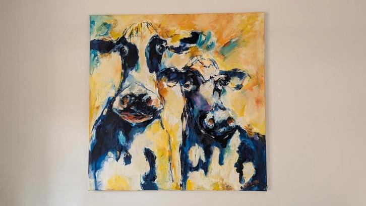 Olieverfschilderij Koeien - Gesigneerd - 120x120cm, Antiek en Kunst, Kunst | Overige Kunst, Ophalen