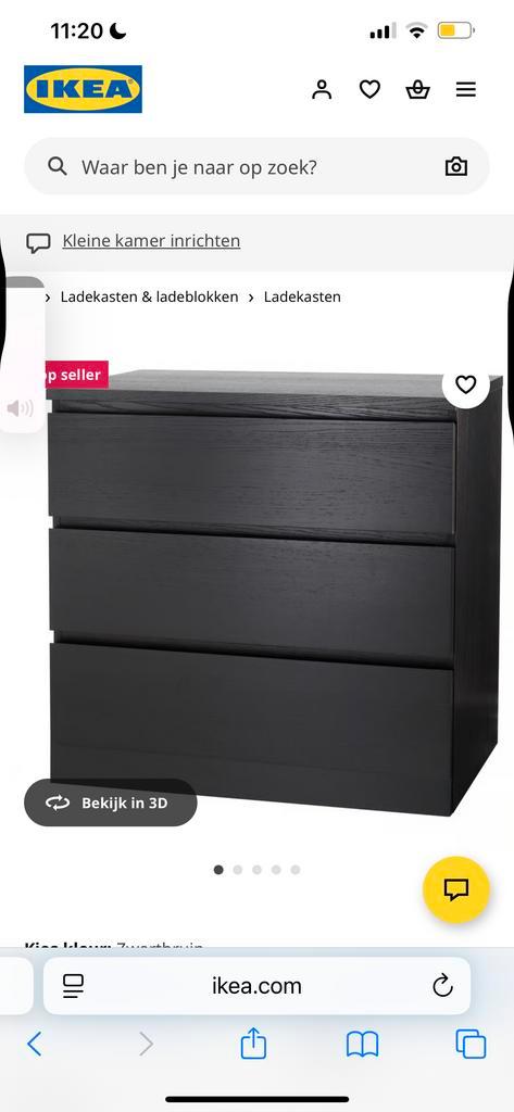 Zwarte Malm ladekast met 3 lades van IKEA, Huis en Inrichting, Kasten | Dressoirs, Zo goed als nieuw, 50 tot 100 cm, 25 tot 50 cm