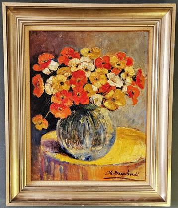 Bloemen, gesigneerd rechtsonder,olie op paneel. beschikbaar voor biedingen