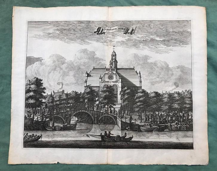 18e eeuw Kopergravure Amsterdam Noordermarkt, Antiek en Kunst, Kunst | Etsen en Gravures, Ophalen of Verzenden