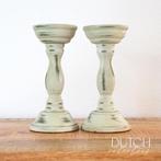 Set Rustieke Houten Kandelaars in Lichtgroen/Off-White, Gebruikt, Ophalen of Verzenden, Crème, Hout