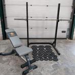 Squat rack + bankje + Olympische Gewichte + barbell 220cm, Sport en Fitness, Ophalen, Zo goed als nieuw, Overige typen