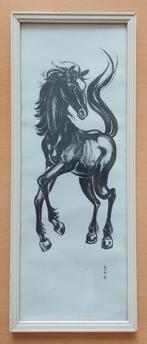 Langwerpig schilderij van een paard 42x16,5 cm, Antiek en Kunst, Ophalen of Verzenden