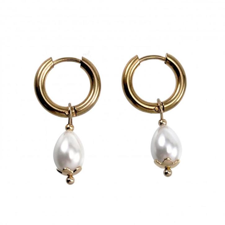 Ø15mm Oorbellen Dames Verguld RVS Oorringen + Witte Druppel, Sieraden, Tassen en Uiterlijk, Oorbellen, Nieuw, Hangers, Overige materialen
