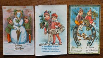 3 kaarten Gelukkig Nieuwjaar, goudopdruk, rond 1930 beschikbaar voor biedingen