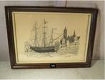 Prachtig Oude Pentekening 'Zeilboot aan de Kade' - Defilett, Ophalen of Verzenden