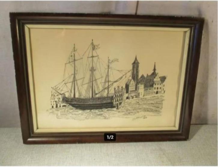 Prachtig Oude Pentekening 'Zeilboot aan de Kade' - Defilett, Antiek en Kunst, Kunst | Tekeningen en Foto's, Ophalen of Verzenden