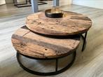 Ronde salontafelset – industrieel – hout & metaal, Ophalen, Gebruikt, 50 tot 100 cm, Rond