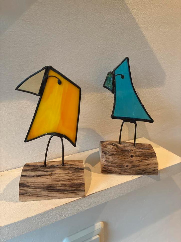 Glazen Vogels op Houten Sokkel - Handgemaakt, Antiek en Kunst, Kunst | Beelden en Houtsnijwerken, Ophalen