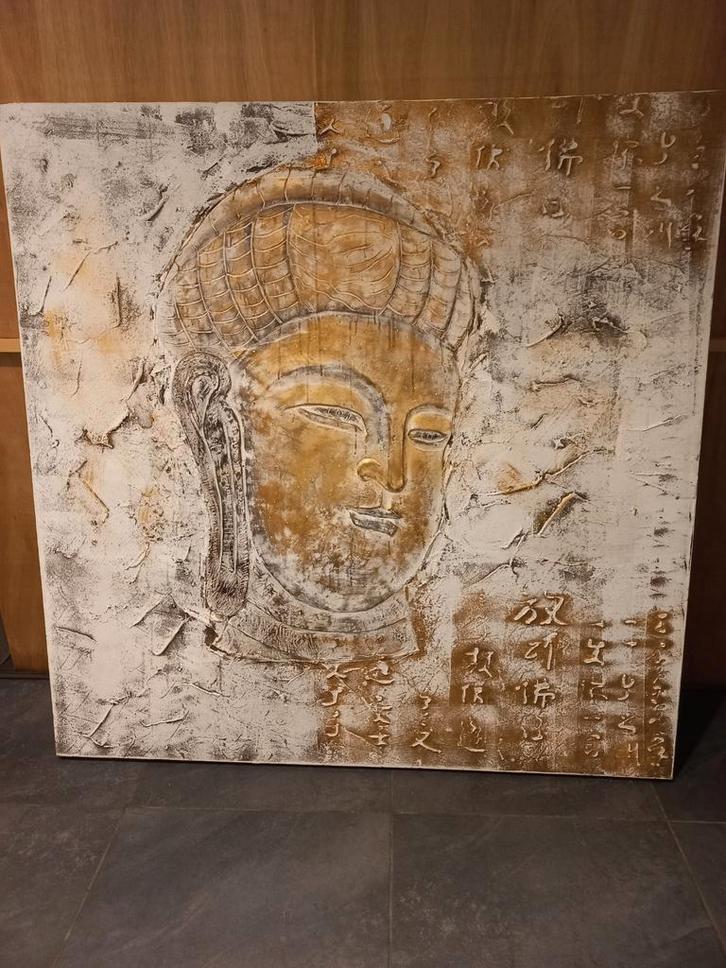 Prachtig schilderij met Boeddha reliëf - 150x150cm, Antiek en Kunst, Kunst | Overige Kunst, Ophalen