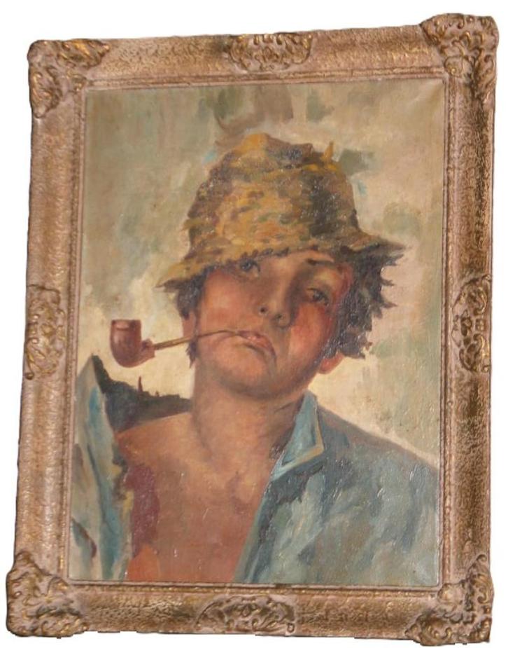 Oud olieverf schilderij van jongen met strohoed en pijp, Antiek en Kunst, Kunst | Schilderijen | Klassiek, Ophalen