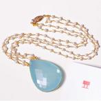 ketting 925 zilver 14 k verguld met Chalcedoon en parels, Blauw, Nieuw, Ophalen of Verzenden, Met edelsteen