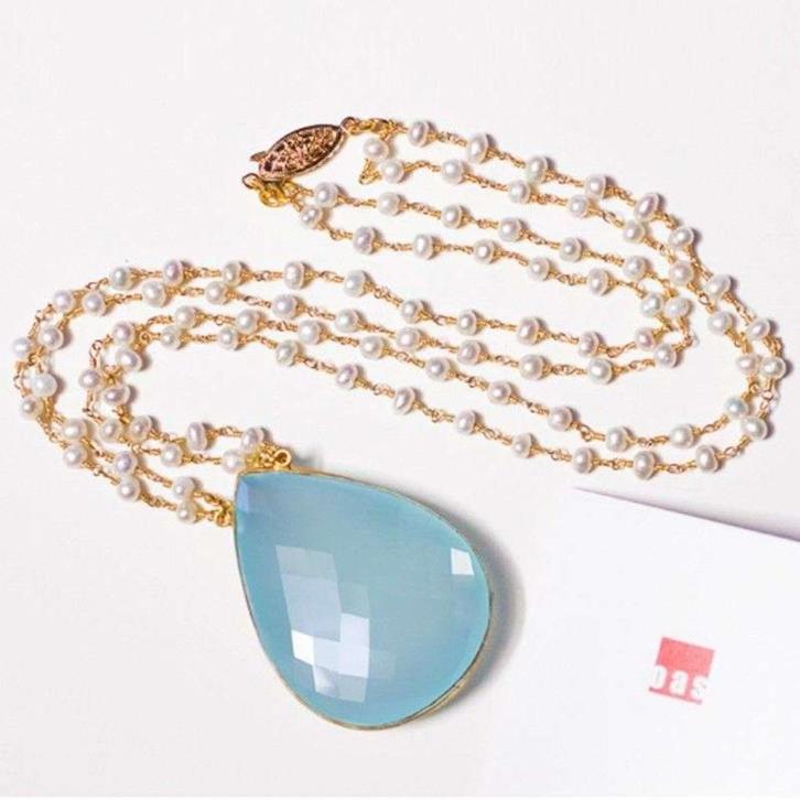 ketting 925 zilver 14 k verguld met Chalcedoon en parels, Sieraden, Tassen en Uiterlijk, Kettingen, Nieuw, Zilver, Blauw, Met edelsteen