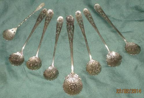 6 munt-zilveren theelepels en suikerlepel Indonesiē, Antiek en Kunst, Antiek | Goud en Zilver, Zilver, Ophalen of Verzenden