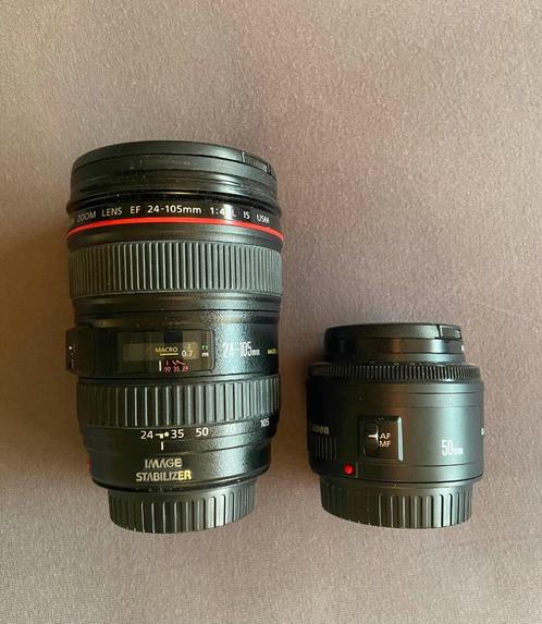 Canon 24-105mm f/4 L IS USM + 50mm f/1.8, Audio, Tv en Foto, Fotografie | Lenzen en Objectieven, Zo goed als nieuw, Standaardlens