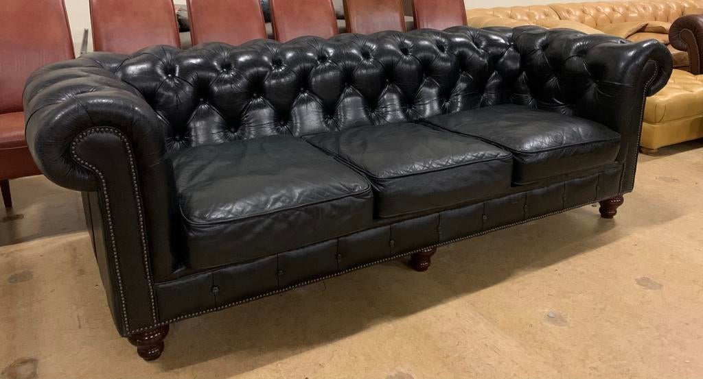Prachtige Chesterfield Bank 3,5 Zits Zwart., Ophalen of Verzenden, Gebruikt, Leer, Chesterfield