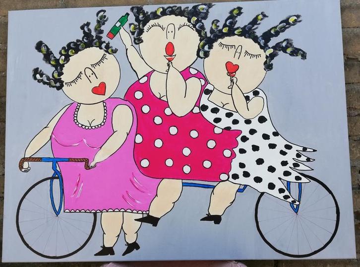 Dikke Dames op de fiets. Acryl ~doek. 60/80 cm., Antiek en Kunst, Kunst | Schilderijen | Modern, Ophalen