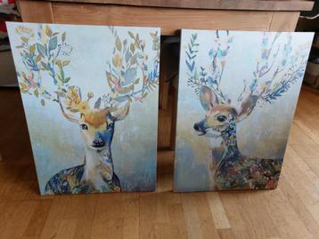 2 fleurige schilderijen met herten 50x70 beschikbaar voor biedingen