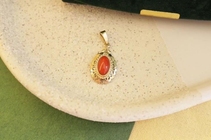 14 karaat Gouden Bloedkoraal Hanger, Sieraden, Tassen en Uiterlijk, Kettinghangers, Zo goed als nieuw, Goud, Goud, Met edelsteen