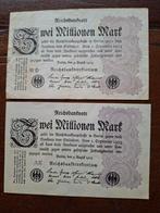 2x 2 Millionen Mark - 1923 Inflatiebiljetten, Ophalen of Verzenden