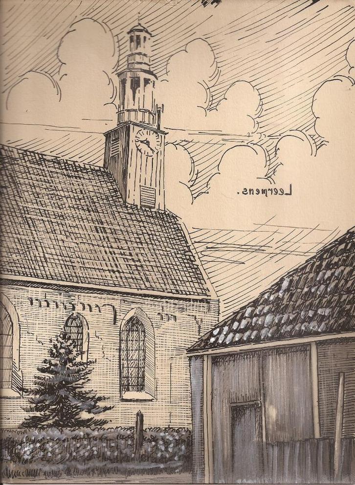 Leermens tekening Kerk Sievers 50/60er jaren, Antiek en Kunst, Kunst | Etsen en Gravures, Ophalen of Verzenden