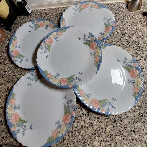 11x Arcopal platte borden florine patroon zalmroze blauw, Huis en Inrichting, Keuken | Servies, Zo goed als nieuw, Bord(en), Overige stijlen