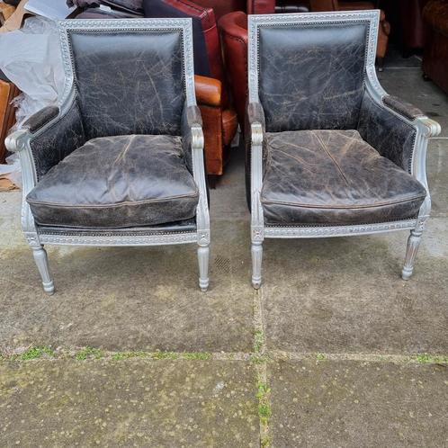 2 rofra fauteuils zilver + zwart vintage leer + BEZORGING, Huis en Inrichting, Fauteuils, Gebruikt, Leer, Ophalen of Verzenden