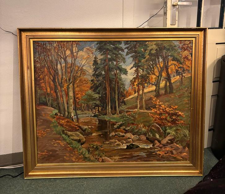 Boslandschap met beek - Olieverf op doek, Antiek en Kunst, Kunst | Schilderijen | Klassiek, Ophalen of Verzenden