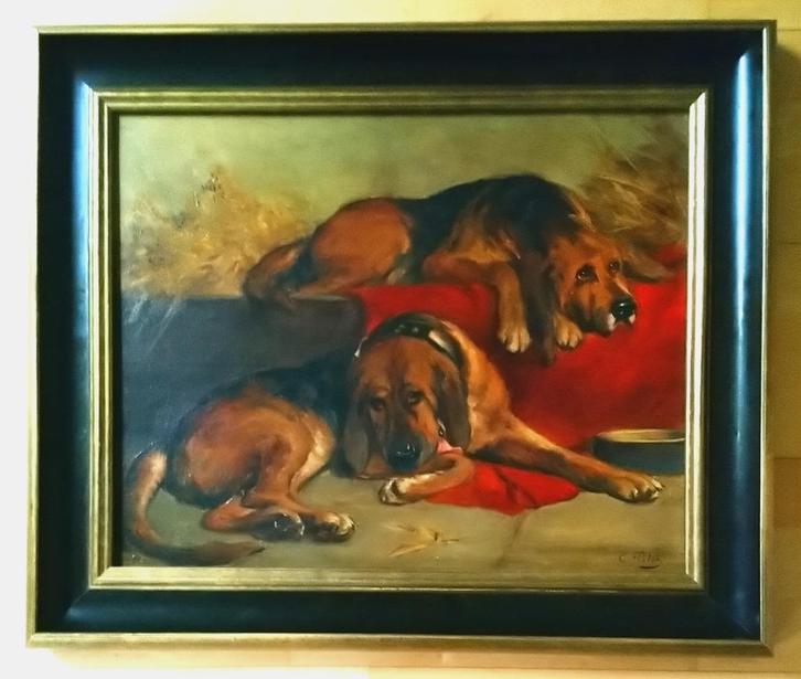 Charles Petit 1863-1949 ===twee luie honden===leuk werk, Antiek en Kunst, Kunst | Schilderijen | Klassiek, Ophalen of Verzenden