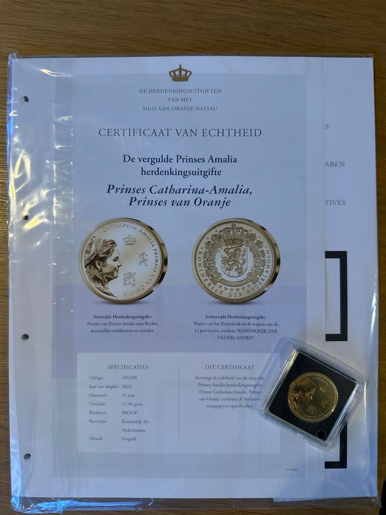 Vergulde Amalia Herdenkingsmunt 2024 - Proof, Ophalen of Verzenden, Overige waardes, Losse munt