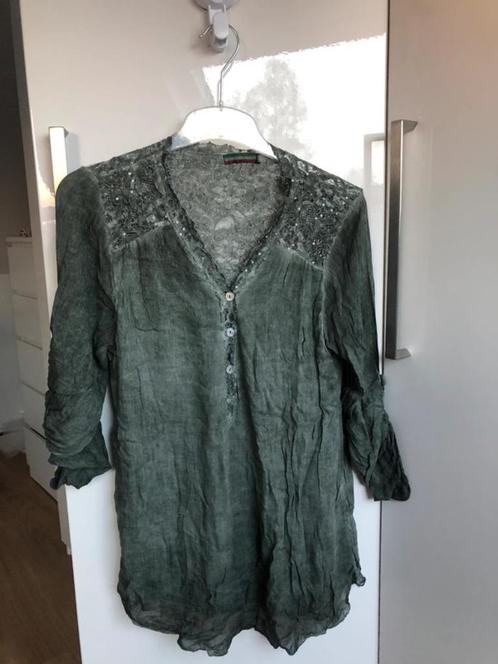 Linnen tuniek / jurk olijfgroen met parelmoer knopen, Kleding | Dames, Blouses en Tunieken, Zo goed als nieuw, Maat 36 (S), Groen