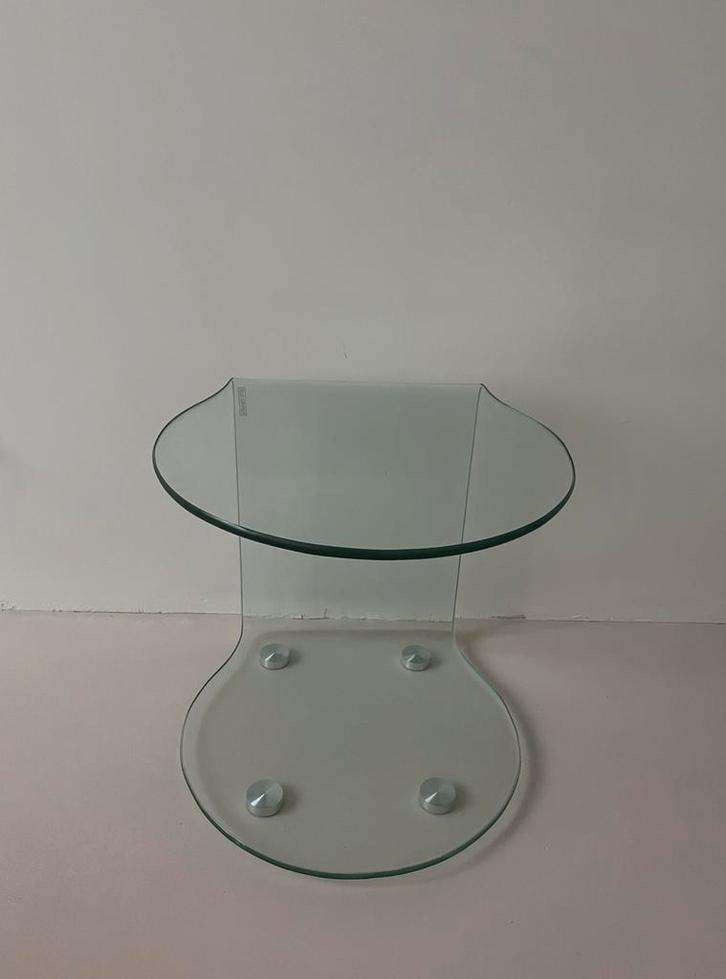 Glazen design bijzettafel, Huis en Inrichting, Tafels | Bijzettafels, Zo goed als nieuw, Overige vormen, Minder dan 45 cm, Minder dan 55 cm