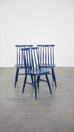 Set van 3 mooie vintage blauwe houten eetkamerstoelen, Ophalen, Gebruikt, Drie, Blauw