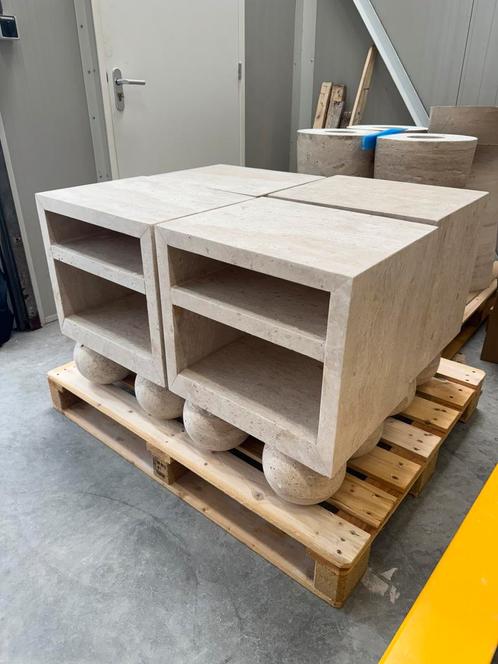 100% Solid Travertine Side Table – Orbita Sphere, Huis en Inrichting, Tafels | Bijzettafels, Nieuw, Rechthoekig, 75 cm of meer