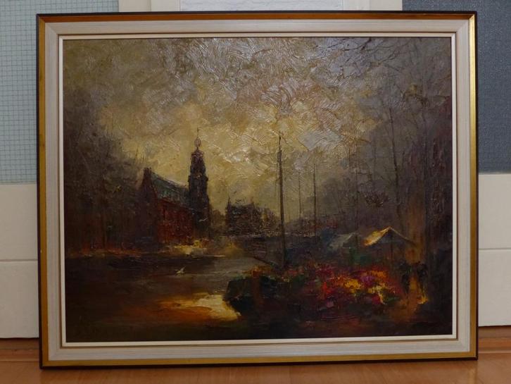 Schilderij Jan Bévort - Singel+Bloemenmarkt Amsterdam, Antiek en Kunst, Kunst | Schilderijen | Klassiek, Ophalen of Verzenden