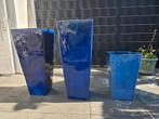 3 Blauwe Keramische Plantenpotten - Groot Formaat, Tuin en Terras, Bloembakken en Plantenbakken, Ophalen, Gebruikt, Vierkant, Steen
