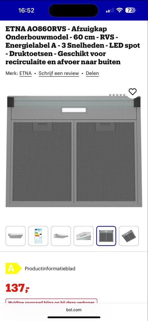 Etna Onderbouw Afzuigkap 60cm - Mechanische Ventilatie, Witgoed en Apparatuur, Afzuigkappen, Nieuw, Inbouw, Onderbouw afzuigkap