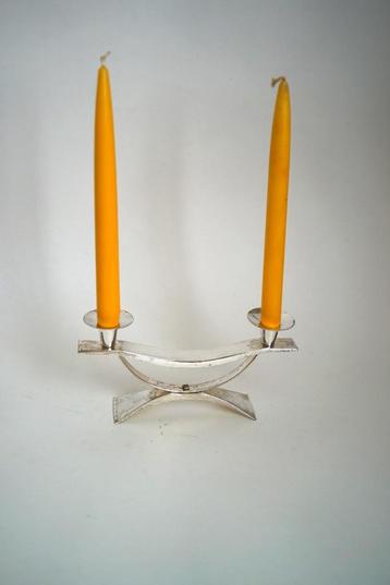 mid century verzilverde kandelaar metaal twee kaars vintage beschikbaar voor biedingen