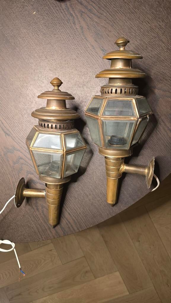 Messing wandlampen set van 2 facet geslepen glas, Huis en Inrichting, Lampen | Wandlampen, Ophalen of Verzenden, Gebruikt, Glas